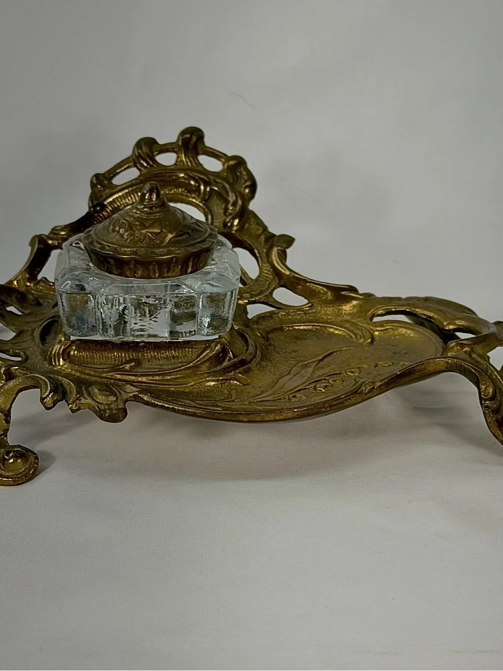 Source Unknown Ornate Brass-Finish Inkwell with Clear Glass Pot